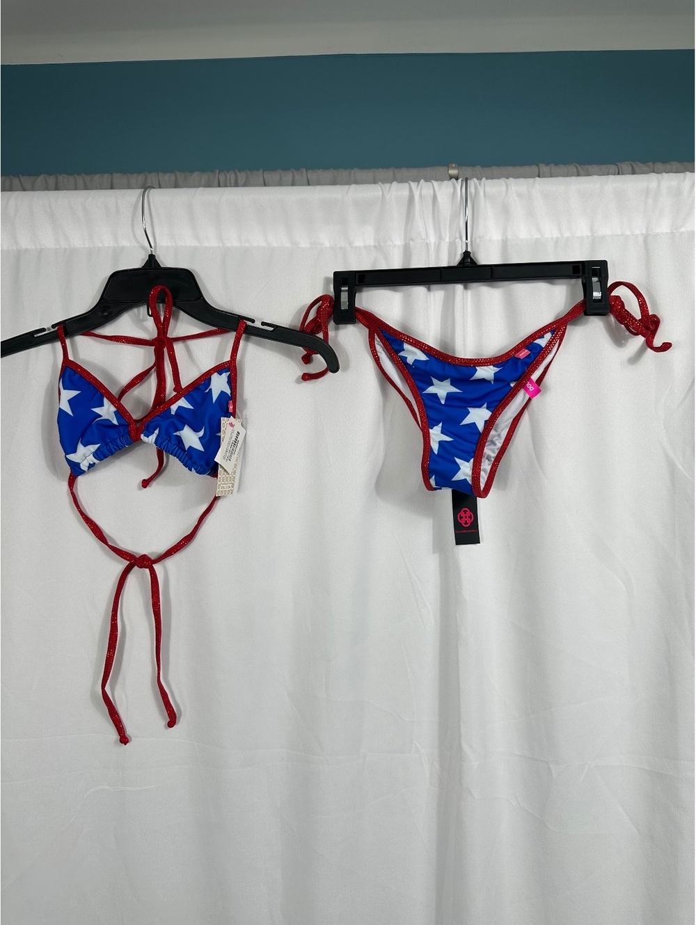 Doll USA Flag Blue White Stars Red Shimmer Triangle Micro Scrunch Bikini Set - S